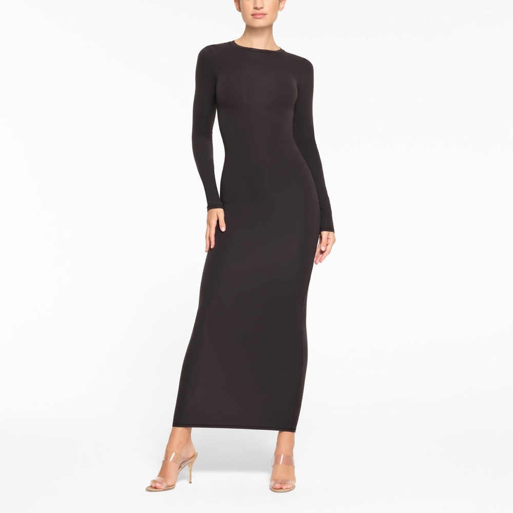 SKIMS Fits Everybody crew Neck long sleeve Dress, BLACK, Size Medium, $88